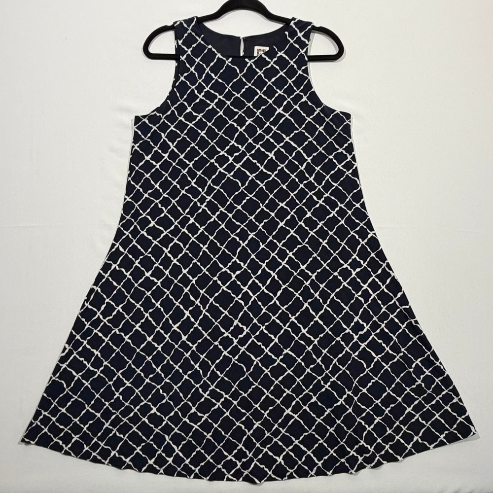 Anne Klein Mini Dress 10 Navy Blue White Lattice Geometric A Line Trapeze Mod‎